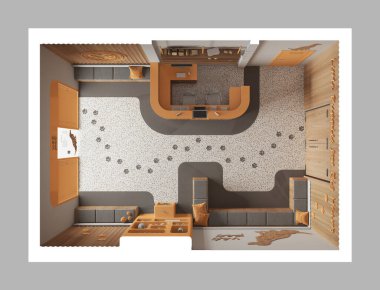 Veteriner kliniği iç tasarımı turuncu ve ahşap tonlarda. Bekleme odası, banklar, yastıklar, resepsiyon, su soğutuculu kitaplık, terrazzo fayansları. Üst görünüm, plan, yukarıda