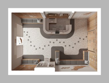 Veteriner kliniğinin iç tasarımı beyaz ve ahşap tonlarda. Oturma odasında sıralar, yastıklar, resepsiyon, su soğutuculu kitaplık, terrazzo fayanslar. Üst görünüm, plan, yukarıda