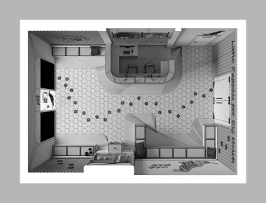 Tamamlanmamış proje taslağı, veteriner kliniği iç tasarımı. Oturma odasında sıralar, yastıklar, resepsiyon, su soğutuculu kitaplık, terrazzo fayanslar. Üst görünüm, plan, yukarıda