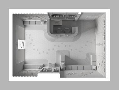 Tamamen beyaz proje taslağı, veteriner kliniği iç tasarımı. Oturma odasında sıralar, yastıklar, resepsiyon, su soğutuculu kitaplık, terrazzo fayanslar. Üst görünüm, plan, yukarıda