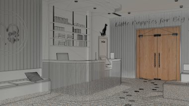 Beyaz duvarları ve terrazzo fayansları olan içi boş beyaz döşeme, özel mimari tasarım projesi, siyah mürekkep çizimi, veteriner kliniği, bekleme odası, mimari...