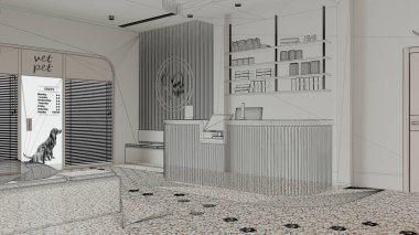 Beyaz duvarları ve terrazzo fayansları olan içi boş beyaz döşeme, özel mimari tasarım projesi, siyah mürekkep çizimi, veteriner kliniği, bekleme odası, mimari...