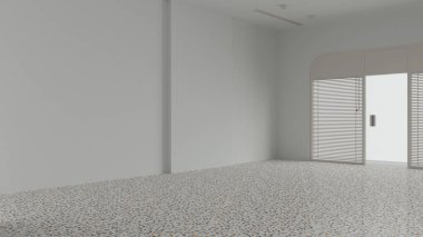 Boş oda iç tasarımı, ticari alan, terrazzo fayanslı açık alan zemin, beyaz duvarlar, panjurlu giriş kapısı, modern mimari konsepti.
