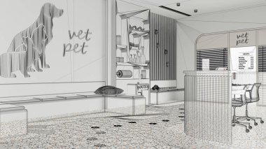 Beyaz duvarları ve terrazzo fayansları olan içi boş beyaz döşeme, özel mimari tasarım projesi, siyah mürekkep çizimi, veteriner kliniği, bekleme odası, mimari...