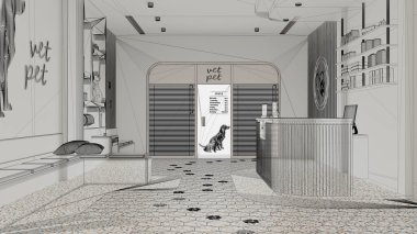 Beyaz duvarları ve terrazzo fayansları olan içi boş beyaz döşeme, özel mimari tasarım projesi, siyah mürekkep çizimi, veteriner kliniği, bekleme odası, mimari...