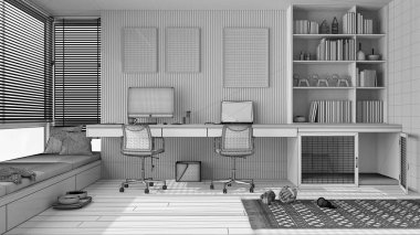 Bitmemiş proje taslağı, hayvan dostu köşe ofisi bilgisayarlı masa, kitaplık, kapısı olan köpek yatağı. Kanepeli pencere. Köpek oyuncaklı halı, köpek maması kasesi. İç tasarım fikri