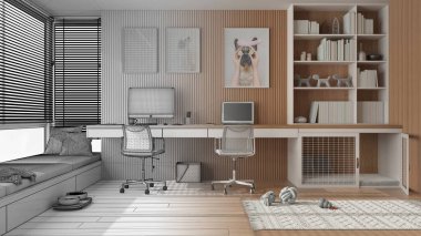 Mimari iç mimar konsepti: gerçek hale gelen el yapımı taslak proje, hayvan dostu köşe ofis, bilgisayarlı masa, kitaplık, köpek yatağı. Kanepeli pencere.