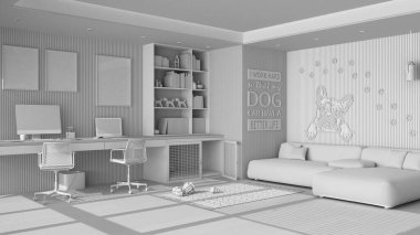 Tamamen beyaz proje taslağı, hayvan dostu köşe ofisi, masa, sandalyeler, kitaplık ve kapısı olan bir köpek yatağı. Kanepe ve parke. Halı, köpek oyuncakları, buldog resimleri. İç tasarım