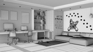 Bitmemiş proje taslağı, hayvan dostu köşe ofisi, masa, sandalyeler, kitaplık ve kapısı olan köpek yatağı. Kanepe ve parke. Halı, köpek oyuncakları ve buldog resimleri. İç tasarım