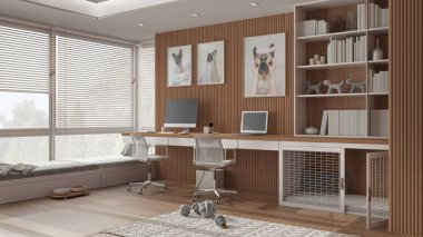 Akıllı iş, evcil hayvan dostu beyaz ve ahşap köşeli ofis, evden çalışma. Bilgisayarı ve sandalyeleri olan bir masa, kapısı olan bir köpek yatağı, yastıklı bir pencere. Köpek oyuncaklı halı. İç tasarım
