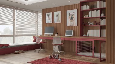 Akıllı çalışma, evcil hayvan dostu kırmızı ve ahşap ofis, evden çalışma. Bilgisayarı ve sandalyeleri olan bir masa, kapısı olan bir köpek yatağı, yastıklı bir pencere. Köpek oyuncaklı halı. İç tasarım