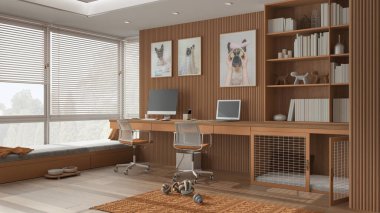 Akıllı çalışma, evcil hayvan dostu portakal ve ahşap köşe ofis, evden çalışma. Bilgisayarı ve sandalyeleri olan bir masa, kapısı, penceresi ve yastığı olan bir köpek yatağı. Köpek oyuncaklı halı. İç tasarım