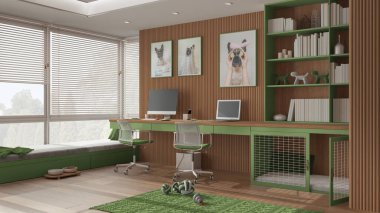 Akıllı iş, evcil hayvan dostu yeşil ve ahşap köşeli ofis, evden çalışma. Bilgisayarı ve sandalyeleri olan bir masa, kapısı olan bir köpek yatağı, yastıklı bir pencere. Köpek oyuncaklı halı. İç tasarım