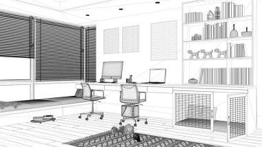 Proje taslağı, akıllı çalışma, evcil hayvan dostu köşe ofisi, evden çalışma. Bilgisayarı ve sandalyeleri olan bir masa, kapısı ve penceresi olan bir köpek yatağı. Köpek oyuncaklı halı. İç tasarım