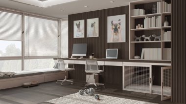 Akıllı iş, evcil hayvan dostu karanlık ahşap ofis, evden çalışma. Bilgisayarı ve sandalyeleri olan bir masa, kapısı olan bir köpek yatağı, yastıklı bir pencere. Köpek oyuncaklı halı. İç tasarım fikri