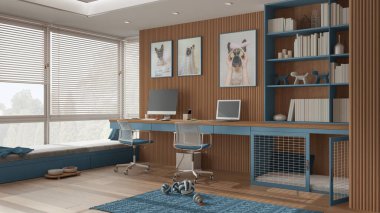 Akıllı çalışma, evcil hayvan dostu mavi ve ahşap köşeli ofis, evden çalışma. Bilgisayarı ve sandalyeleri olan bir masa, kapısı olan bir köpek yatağı, yastıklı bir pencere. Köpek oyuncaklı halı. İç tasarım