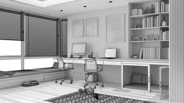 Tamamlanmamış proje taslağı, akıllı çalışma, evcil hayvan dostu köşe ofisi, evden çalışma. Bilgisayarı ve sandalyeleri olan bir masa, kapısı ve penceresi olan bir köpek yatağı. Köpek oyuncaklı halı. İç tasarım