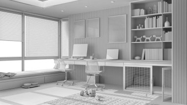 Tamamen beyaz proje taslağı, akıllı çalışma, evcil hayvan dostu köşe ofisi, evden çalışma. Bilgisayarı ve sandalyeleri olan bir masa, kapısı ve penceresi olan bir köpek yatağı. Köpek oyuncaklı halı. İç tasarım