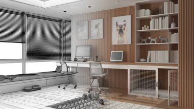 Mimar iç mimar konsepti: elle çizilmiş tamamlanmamış proje gerçek hale geliyor, hayvan dostu köşe ofis, evden çalışma. Bilgisayarlı ve sandalyeli masa, köpek yatağı.