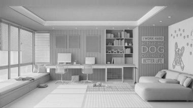 Beyaz proje taslağı, merkez ofis. Sandalye ve bilgisayarlı masa, büyük pencere ve kadife kanepe. Kapılı köpek yatağı, köpek oyuncaklı halı. Fransız bulldog sanat eseri, iç tasarım.
