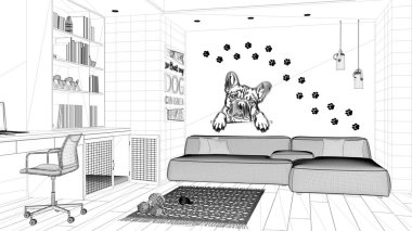 Proje taslağı, evcil hayvanlara ayrılmış bir çalışma alanı. Sandalyesi, kitaplığı ve kapısı olan bir köpek yatağı. Kadife kanepe, köpek oyuncaklı halı. Parke döşeme, iç tasarım.