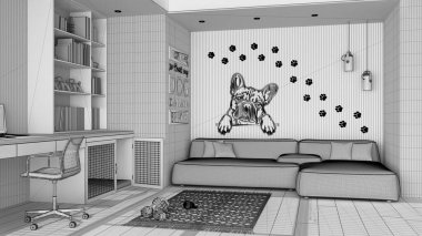 Tamamlanmamış proje taslağı, evcil hayvanlara ayrılmış alanı olan ev işyeri. Sandalyesi, kitaplığı ve kapısı olan bir köpek yatağı. Kadife kanepe, halı, köpek oyuncakları. Parke döşeme, iç tasarım.