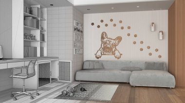 Mimar iç mimar konsepti: elle çizilmiş tamamlanmamış taslak proje gerçeğe dönüşüyor, evcil hayvana ayrılmış çalışma alanı olan ev işyeri. Resepsiyon, kapısı olan bir köpek yatağı. Kanepe, halı, köpek oyuncakları