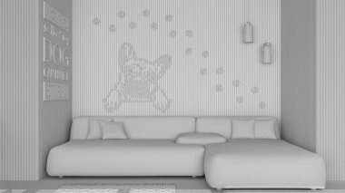 Tamamen beyaz proje taslak, modern oturma odası, yastıklı kadife kanepe, arka planda Fransız buldog resmi, halı, parke zemin. Kolye lambası. İç tasarım fikri