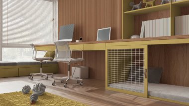 Akıllı iş, evcil hayvan dostu sarı ve ahşap köşeli ofis, evden çalışma. Bilgisayarı ve sandalyeleri olan bir masa, kapısı ve penceresi olan bir köpek yatağı. Yaklaş, zemin manzaralı. İç tasarım fikri