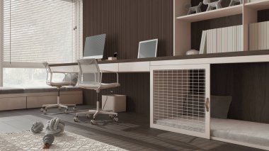 Akıllı iş, evcil hayvan dostu karanlık ahşap ofis, evden çalışma. Bilgisayarı ve sandalyeleri olan bir masa, kapısı ve penceresi olan bir köpek yatağı. Yaklaş, zemin manzaralı. İç tasarım fikri