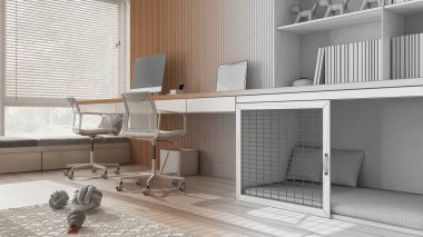 Mimar iç mimar konsepti: elle çizilmiş tamamlanmamış proje gerçek, akıllı çalışan, hayvan dostu köşe ofis haline geliyor. Resepsiyon, kapısı olan bir köpek yatağı. Yaklaş, zemin görünümü