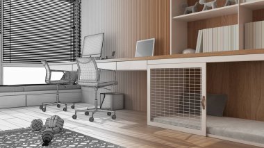 Mimar iç mimar konsepti: elle çizilmiş tamamlanmamış proje gerçek, akıllı çalışan, hayvan dostu köşe ofis haline geliyor. Resepsiyon, kapısı olan bir köpek yatağı. Yaklaş, zemin görünümü