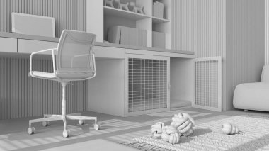 Tamamen beyaz proje taslağı, hayvan dostu köşe ofisi, sandalyeli masa, kitaplık ve kapısı olan köpek yatağı. Köpek oyuncaklarıyla dolu kitaplık ve halı. Yakın plan, zemin görünümü, iç tasarım