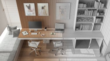 Mimar iç mimar konsepti: elle çizilmiş tamamlanmamış proje gerçek, hayvan dostu köşe ofisi, köpek yatağı haline geliyor. Pencere, parke. Çerçeve modeli. Üst görünüm, yukarıda