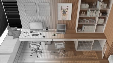 Mimar iç mimar konsepti: elle çizilmiş tamamlanmamış proje gerçek, hayvan dostu köşe ofisi, köpek yatağı haline geliyor. Pencere, parke. Çerçeve modeli. Üst görünüm, yukarıda