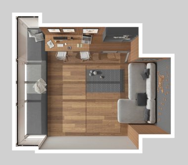 Evcil hayvan dostu gri ve ahşap köşeli ofis, bilgisayarlı masa, kitaplık, kapısı olan köpek yatağı. Kanepe ve parke ile pencere. Oyuncaklı halı. Manzara, plan, yukarısı. İç tasarım