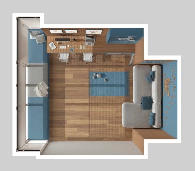 Evcil hayvan dostu mavi ve ahşap ofis, bilgisayarlı masa, kitaplık, kapısı olan köpek yatağı. Kanepe ve parke ile pencere. Oyuncaklı halı. Manzara, plan, yukarısı. İç tasarım