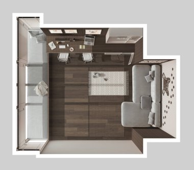 Evcil hayvan dostu karanlık ahşap ofis, bilgisayarlı masa, kitaplık, kapısı olan köpek yatağı. Kanepe ve parke ile pencere. Oyuncaklı halı. Manzara, plan, yukarısı. İç tasarım