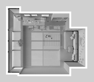 Tamamen beyaz proje taslağı, hayvan dostu köşe ofisi, bilgisayarlı masa, kitaplık, kapısı olan köpek yatağı. Kanepe ve parke ile pencere. Manzara, plan, yukarısı. İç tasarım