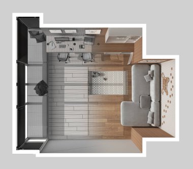 Mimari iç mimar konsepti: gerçek hale gelen el yapımı taslak proje, hayvan dostu köşe ofisi, masa, kitaplık, kapısı olan köpek yatağı, kanepe. Üst görünüm, plan, yukarıda