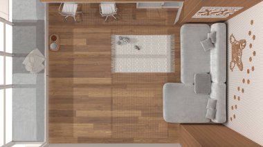 Beyaz ve ahşap tonlu kadife koltuklu evcil hayvan dostu oturma odası yastıklı ve battaniyeli pencere, halı, masa, sandalye. Kapılı köpek yatağı. Üst görünüm, plan, yukarıda, iç tasarım