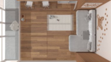 Arka plan bulanık, kadife kanepeli hayvan dostu oturma odası yastıklı pencere, halı, masa, sandalyeler. Kapılı köpek yatağı. Üst görünüm, plan, yukarıda, iç tasarım