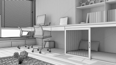 Tamamlanmamış proje taslağı, akıllı çalışma, evcil hayvan dostu köşe ofisi, evden çalışma. Bilgisayarı ve sandalyeleri olan bir masa, kapısı ve penceresi olan bir köpek yatağı. Yaklaş, zemin manzaralı. İç tasarım