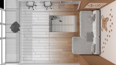 Mimar iç mimar konsepti: elle çizilmiş tamamlanmamış proje, kanepesi ve masası olan hayvan dostu oturma odası. Kapılı köpek yatağı. Üst görünüm, plan, yukarıda