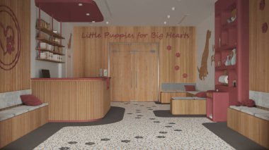 Veteriner kliniğinin iç tasarımı kırmızı ve ahşap tonlarda. Oturma odasında bank ve yastıklar, resepsiyon, su soğutuculu kitaplık, kapılar, terrazzo fayanslar ve dekorlar.