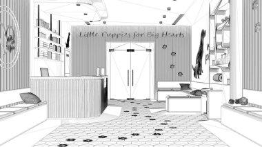 Proje taslağı, veteriner kliniği iç tasarımı. Oturma odasında bank ve yastıklar, resepsiyon, su soğutuculu kitaplık, kapılar, terrazzo fayanslar ve dekorlar.