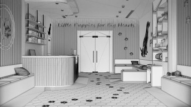 Tamamlanmamış proje taslağı, veteriner kliniği iç tasarımı. Oturma odasında bank ve yastıklar, resepsiyon, su soğutuculu kitaplık, kapılar, terrazzo fayanslar ve dekorlar.