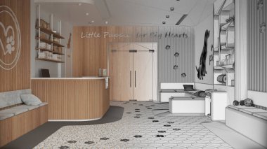 Mimar iç mimar konsepti: elle çizilmiş tamamlanmamış proje gerçek, veterinerlik kliniği haline geliyor. Bekleme odası, resepsiyon, kitaplık, kapılar, terrazzo fayansları.