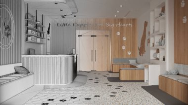 Mimar iç mimar konsepti: elle çizilmiş tamamlanmamış proje gerçek, veterinerlik kliniği haline geliyor. Bekleme odası, resepsiyon, kitaplık, kapılar, terrazzo fayansları.