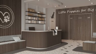 Veteriner hastanesi tasarım projesi. Koyu ahşap tonlarda. Aksesuarlı resepsiyon masası, banklı ve yastıklı bekleme odası, terrazzo fayansları ve halı. İç mimari